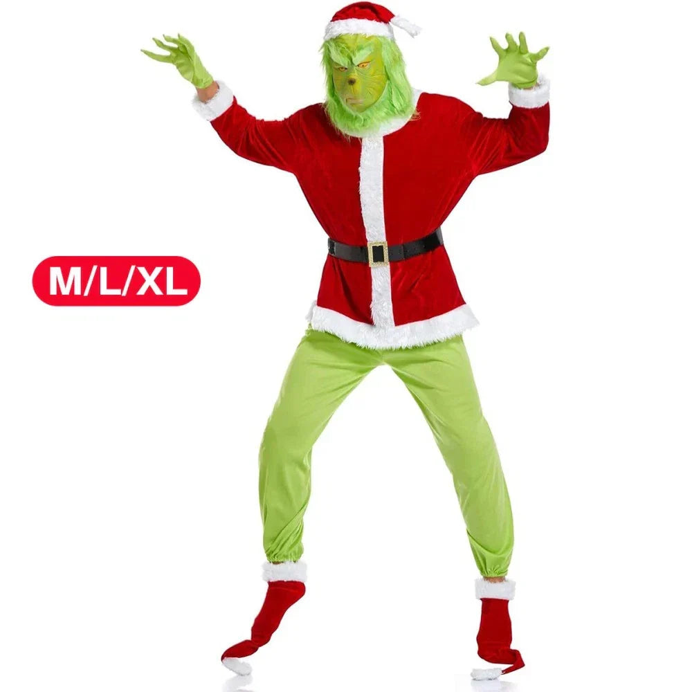 Adult Santa Grinch Costume Xmas Cosplay Men Christmas Santa Fancy Dress Full Set — on a clean white background