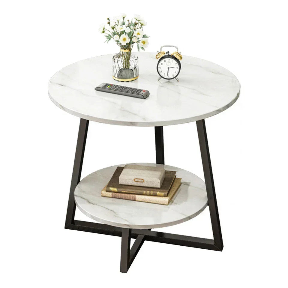Round 2 Tier Coffee Table Side Table White Marble Effect End Table Living Room — on a clean white background