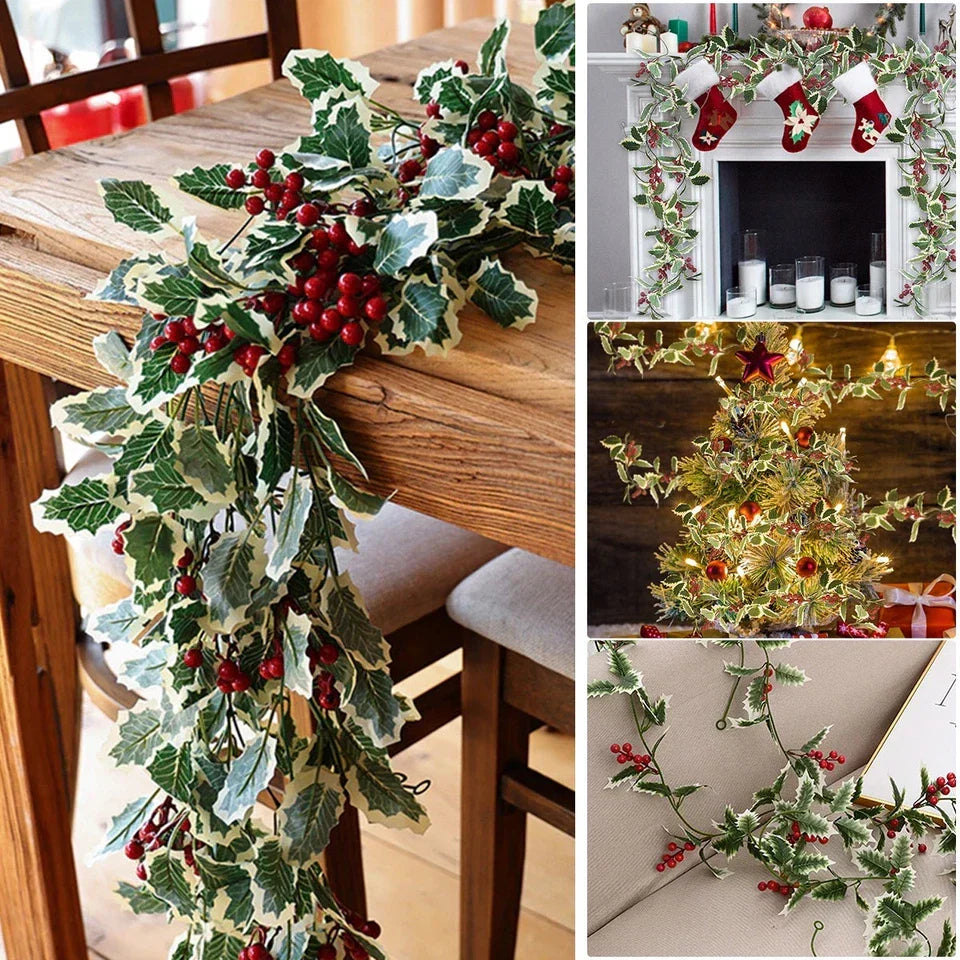 2M Christmas Garland Holly Leaf Red Berries Winter Fireplace Hanging Party Decor — alternate product view 6