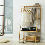 Bamboo Clothes Rail Rack Garment Stand with Top Shelf Shoe Storage Ladder Rails — alternate product view 4