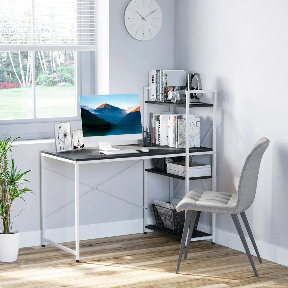 Computer Desk Laptop Table w/4-tier Bookshelf Metal Frame Black, White — alternate product view 2