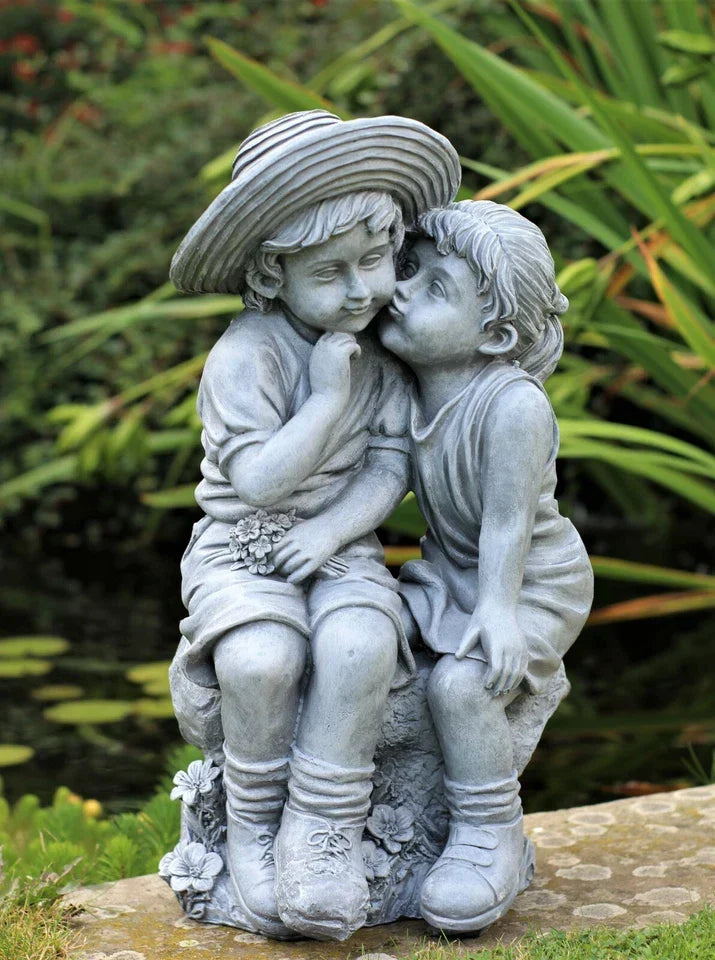 Garden Ornaments Boy & Girl Loving Kissing Cherub Statue Grey — main product view