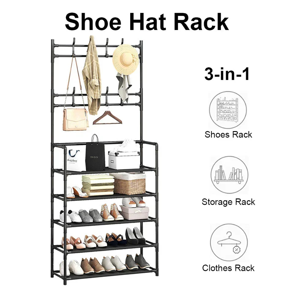 8 Hooks Coat and Hat Stand Metal + Plastic Shoe Rack Bedroom Shelf Hanger — on a clean white background