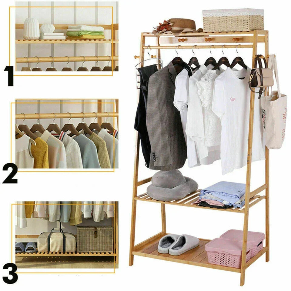 Bamboo Clothes Rail Rack Garment Stand with Top Shelf Shoe Storage Ladder Rails — alternate product view 7