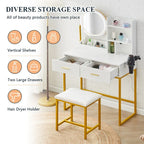 Dressing Table Round Mirror LED Lights Stool Vanity Table Makeup Desk Gold Leg — alternate product view 4