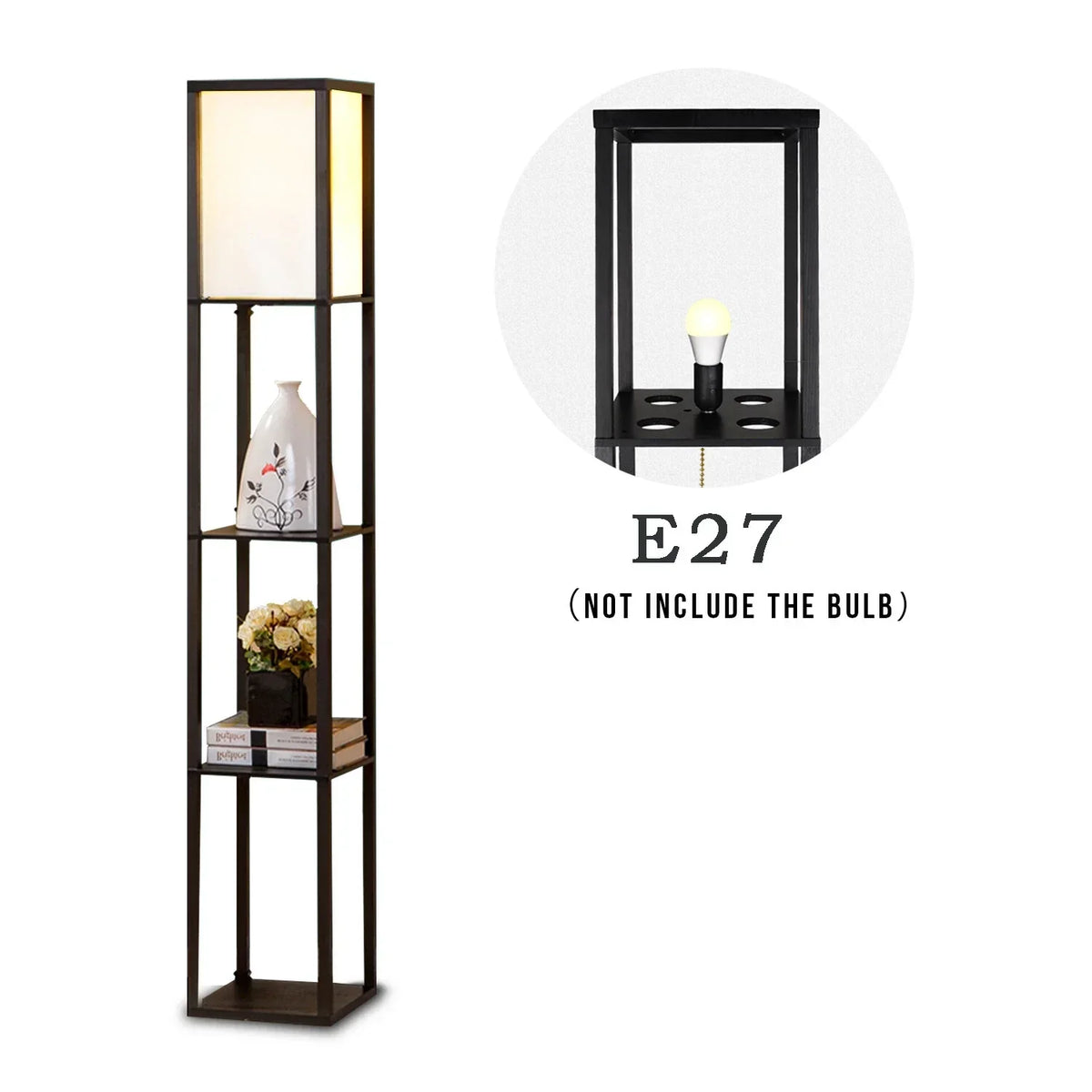 Floor Lamp Free Standing Wood 3-Tier Storage Shelf Reading Bedroom Living Room — on a clean white background