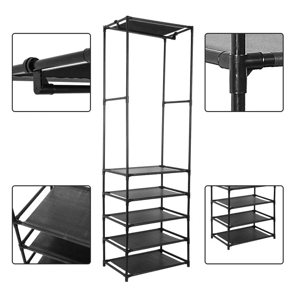 Heavy Duty Clothes Rail Garment Hanging Rack Shoe Storage Shelf Display Black — on a clean white background