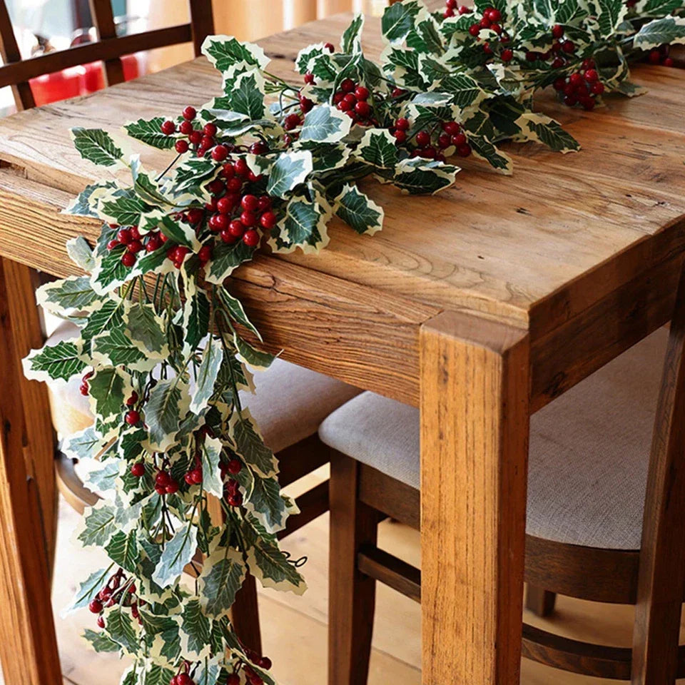 2M Christmas Garland Holly Leaf Red Berries Winter Fireplace Hanging Party Decor — main product view