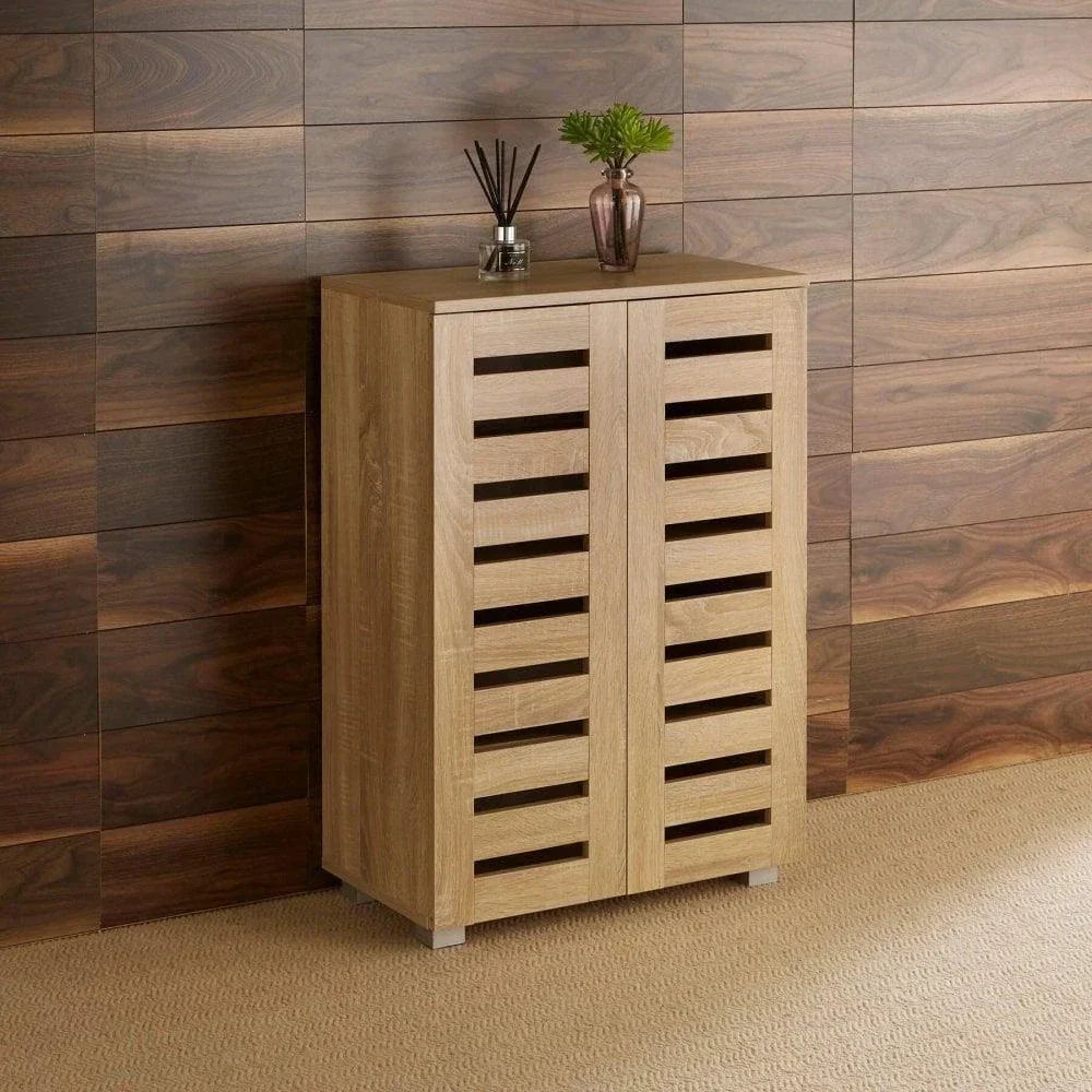 2 Door Shoe Storage Cabinet Rack Stand Cupboard Oak Wooden Slatted Doors Oslo — main product view