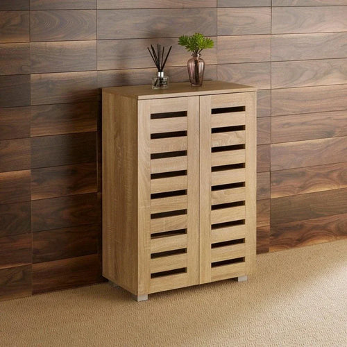 2 Door Shoe Storage Cabinet Rack Stand Cupboard Oak Wooden Slatted Doors Oslo — main product view