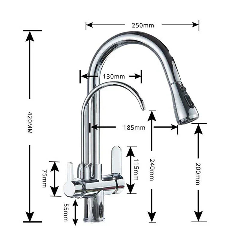 Modern Mono Kitchen Sink Mixer Taps 360° Pull Out Spray Spout Twin Lever 3 Way — on a clean white background