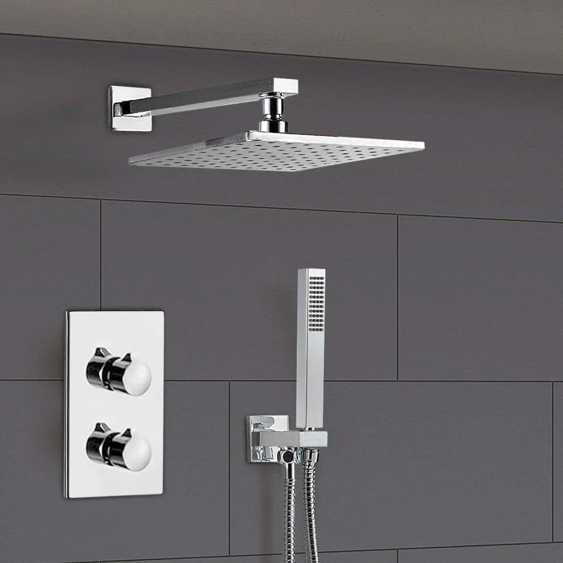Modern Concealed Square Shower Brass Valve Mixer Twin Head Shower Set Chrome — alternate product view 2