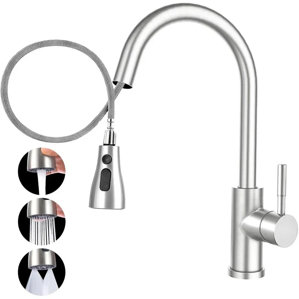 360° Kitchen Sink Mixer Taps Pull Out Spout Spray Single Lever Modern — Silver — on a clean white background