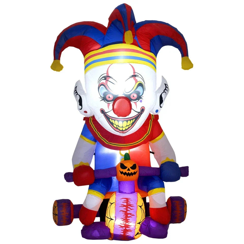 4ft Blow Up Halloween Inflatable Clown on Bicycle with 3 Built-in LED Lights — on a clean white background