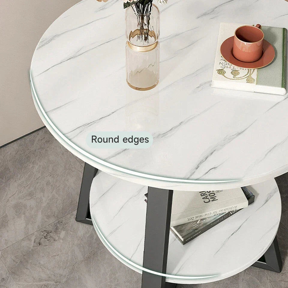 Round 2 Tier Coffee Table Side Table White Marble Effect End Table Living Room — alternate product view 7