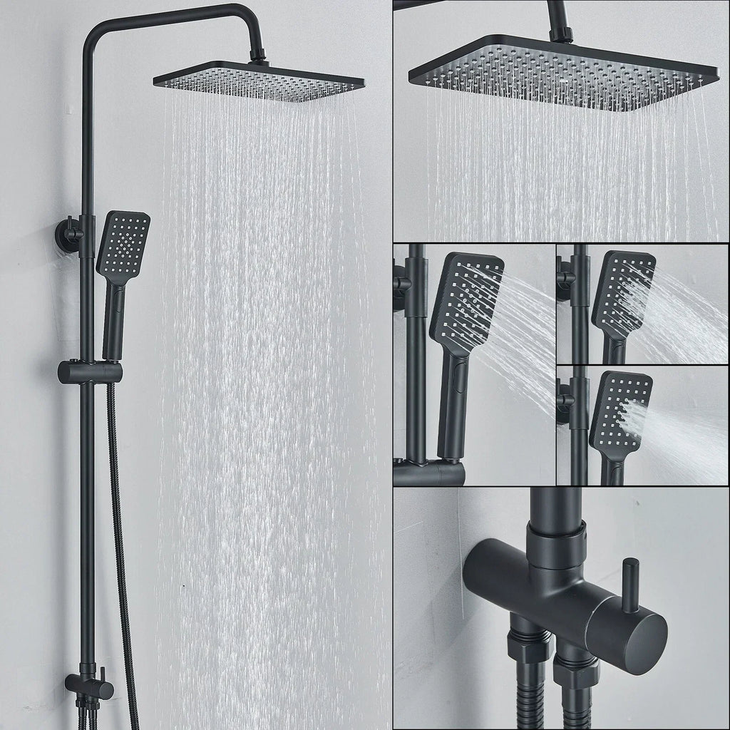 Black Exposed Bathroom Shower Twin Head Large Bar Set Square Valve Rail Hose Tap — main product view
