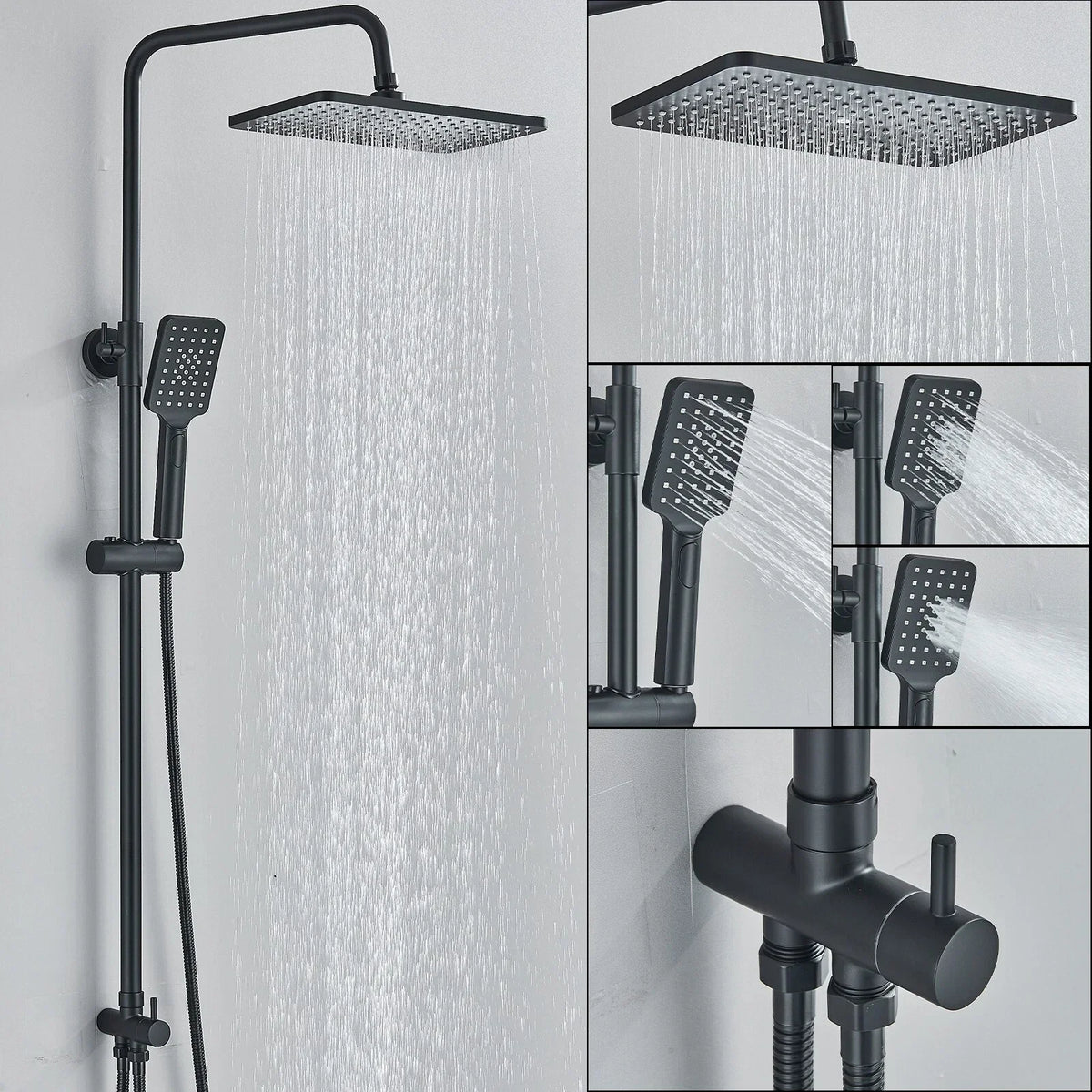 Black Exposed Bathroom Shower Twin Head Large Bar Set Square Valve Rail Hose Tap — main product view