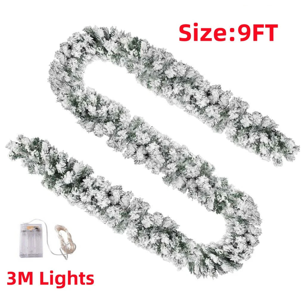 9Ft Christmas LED Pre Lit Garland Snow Flocked Artificial Wreath Xmas Decora — on a clean white background