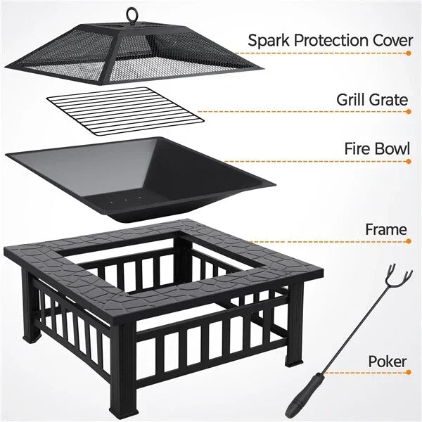 Large Fire Pit BBQ Outdoor Iron Grill Square Garden Table Patio Log Burner Stove — alternate product view 4