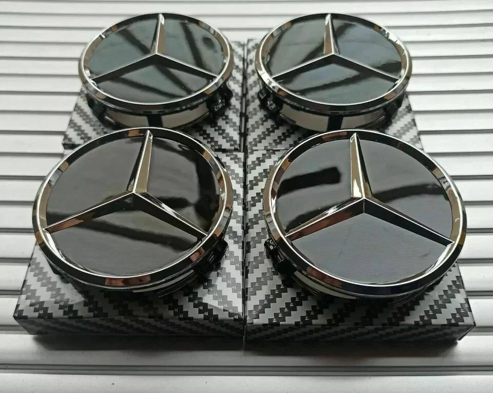 4 x Black Mercedes Benz 75mm Alloy Wheel Centre Caps AMG A B C E S M Class Hub — alternate product view 2