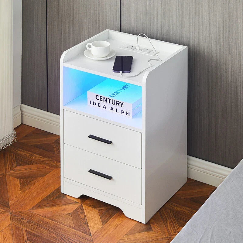 LED Light Bedside Table Nightstand High Gloss 2 Drawers USB Port Power Plug — alternate product view 3