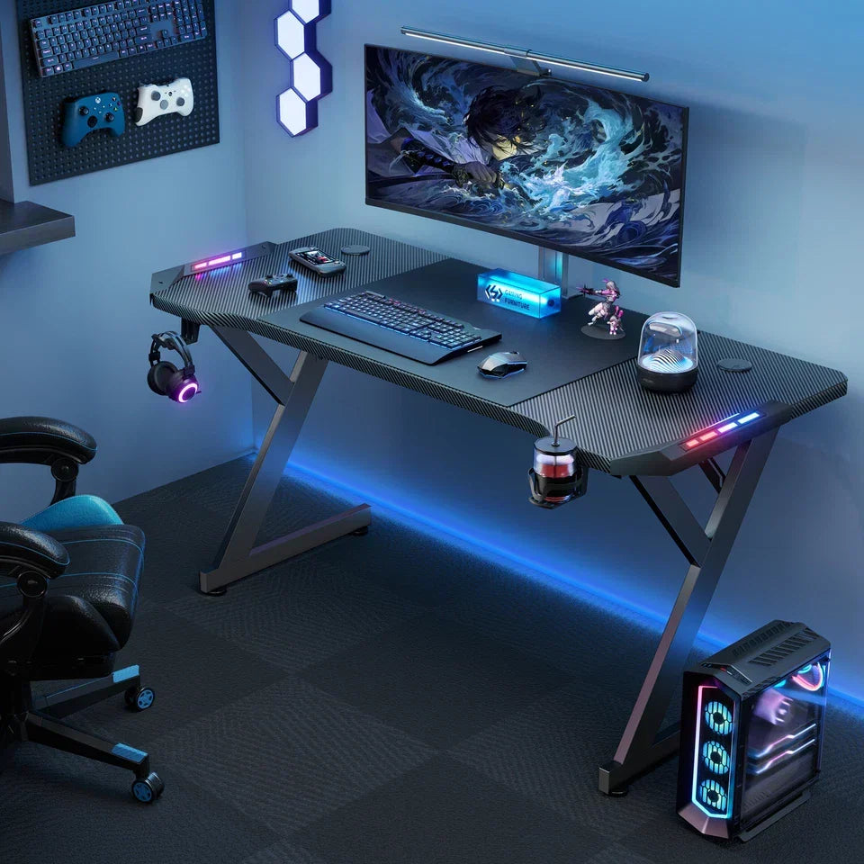Gaming Desk LED RGB Computer Table Workstation w/ Cup Holder & Headphone Hook — alternate product view 2