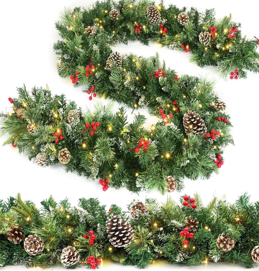 9ft Christmas Garland Snow Flocked With Lights Pinecones Berries Wreath Bushy — alternate product view 2
