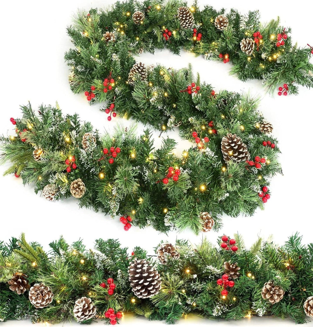 9ft Christmas Garland Snow Flocked With Lights Pinecones Berries Wreath Bushy — alternate product view 2