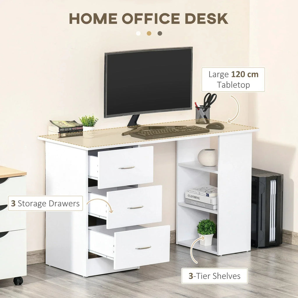 120cm Computer Desk PC Table Workstation w/ 3 Shelf & Drawers White — alternate product view 4