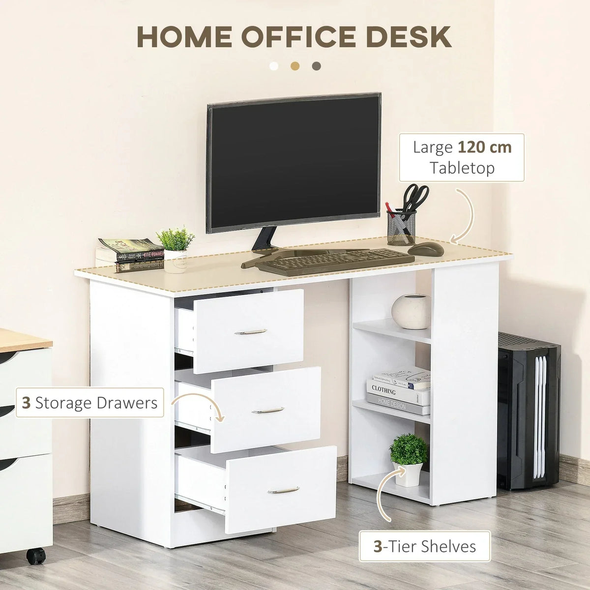 120cm Computer Desk PC Table Workstation w/ 3 Shelf & Drawers White — alternate product view 4