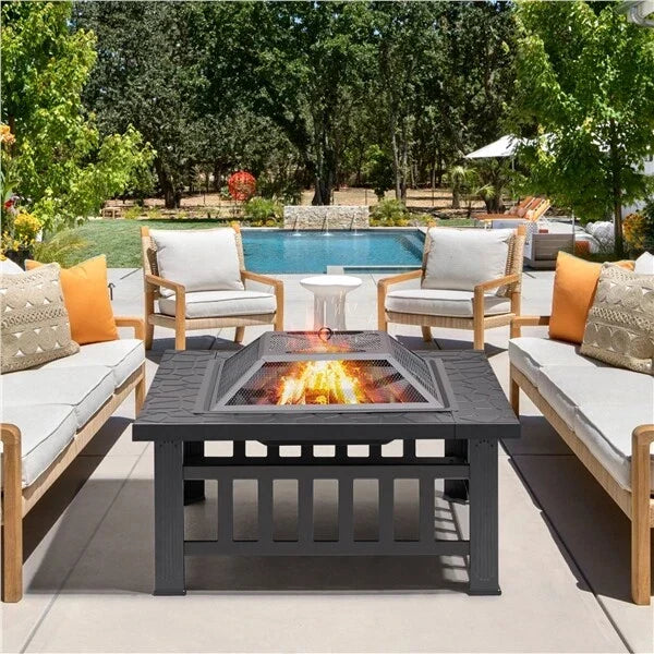 Large Fire Pit BBQ Outdoor Iron Grill Square Garden Table Patio Log Burner Stove — alternate product view 2