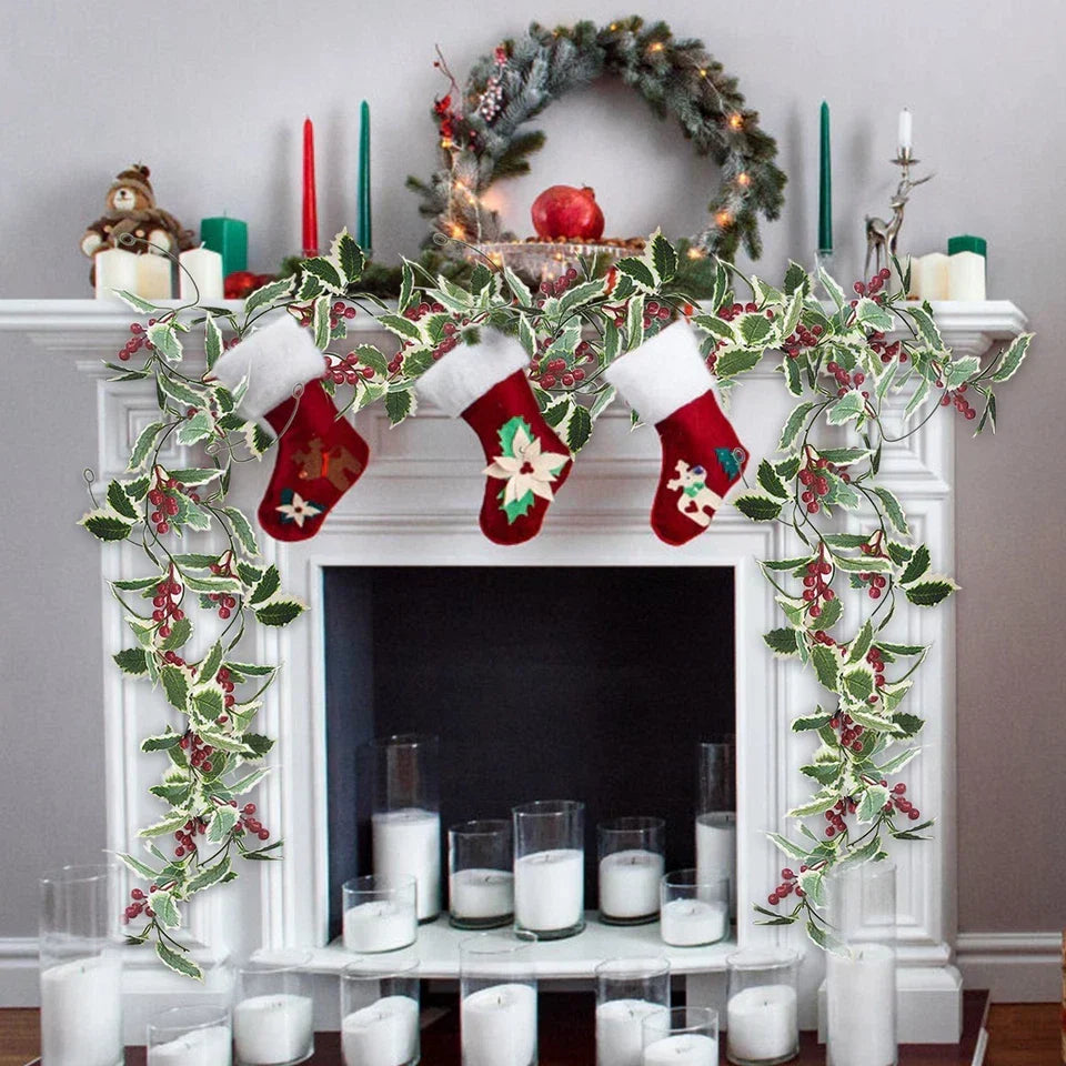 2M Christmas Garland Holly Leaf Red Berries Winter Fireplace Hanging Party Decor — alternate product view 5