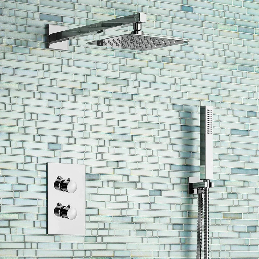 Modern Concealed Square Shower Brass Valve Mixer Twin Head Shower Set Chrome — alternate product view 5