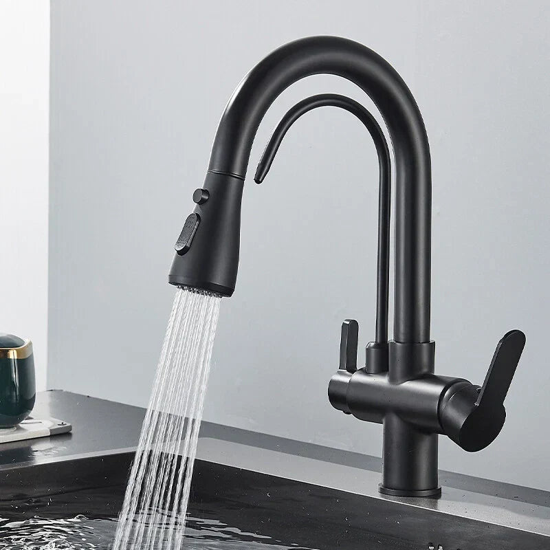 Modern Mono Kitchen Sink Mixer Taps 360° Pull Out Spray Spout Twin Lever 3 Way — Black — product view