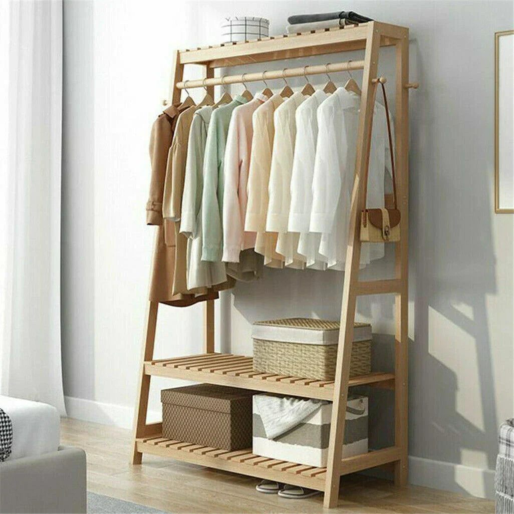 Bamboo Clothes Rail Rack Garment Stand with Top Shelf Shoe Storage Ladder Rails — alternate product view 2
