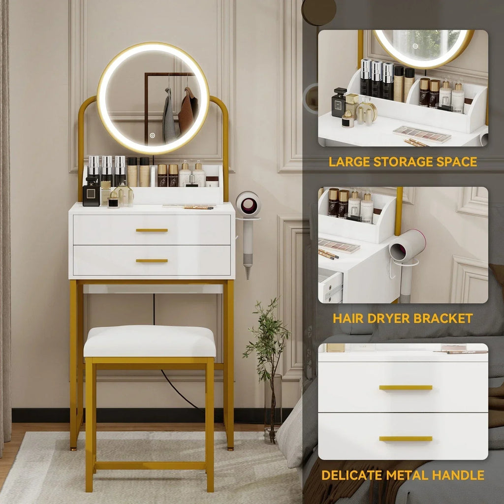 Modern Vanity Dressing Table LED Light Mirror Stool Shelves 2 Drawers Compact — alternate product view 5