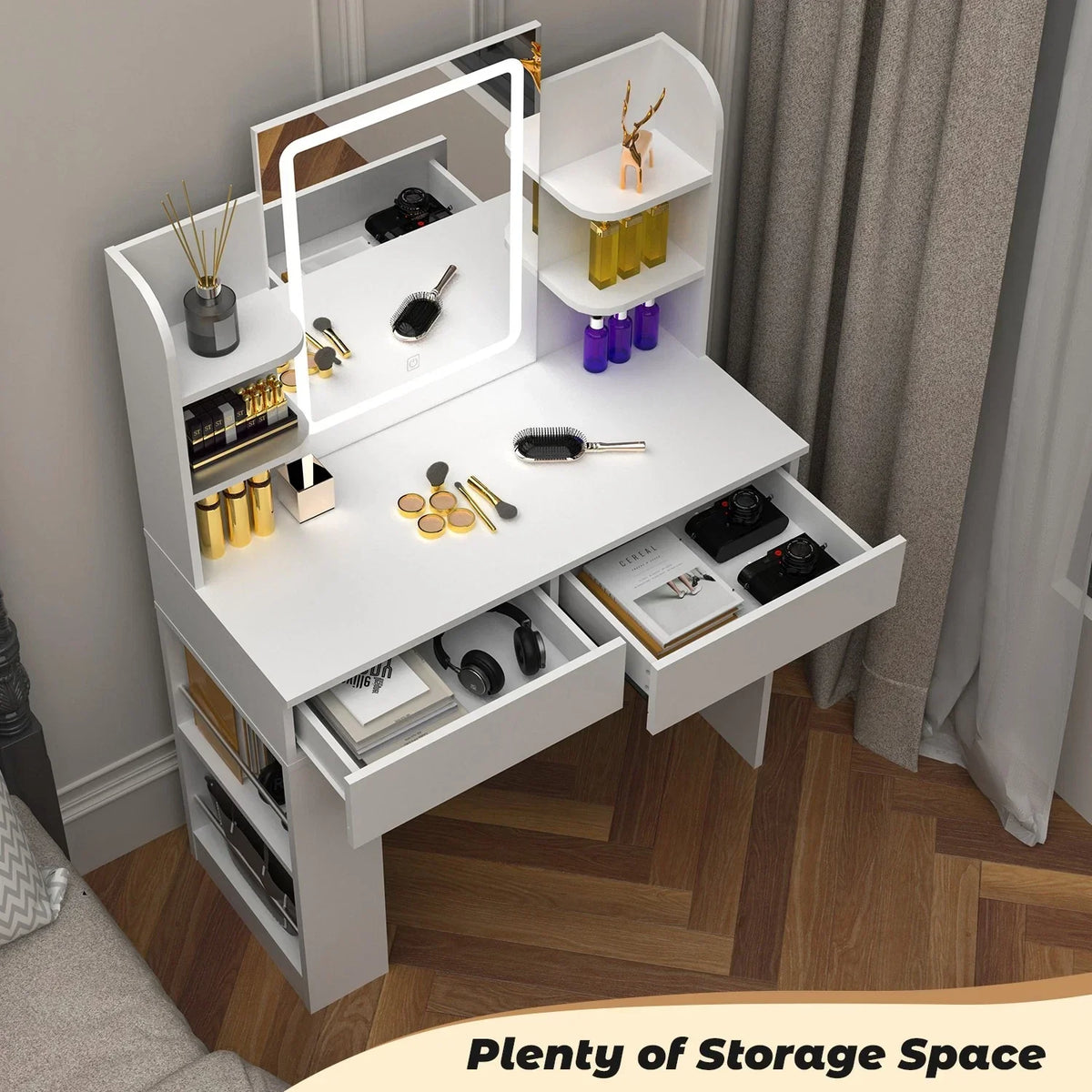 Dressing Table Makeup Desk Vanity Desk With 2 Drawers & LED Mirror & 4 Shelves — alternate product view 3