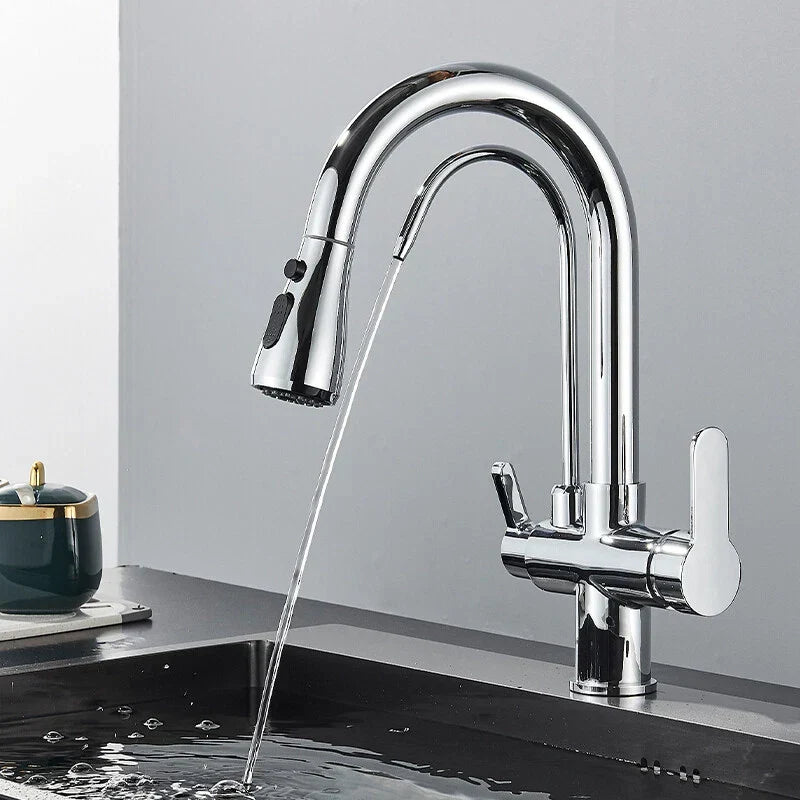 Modern Mono Kitchen Sink Mixer Taps 360° Pull Out Spray Spout Twin Lever 3 Way — alternate product view 7