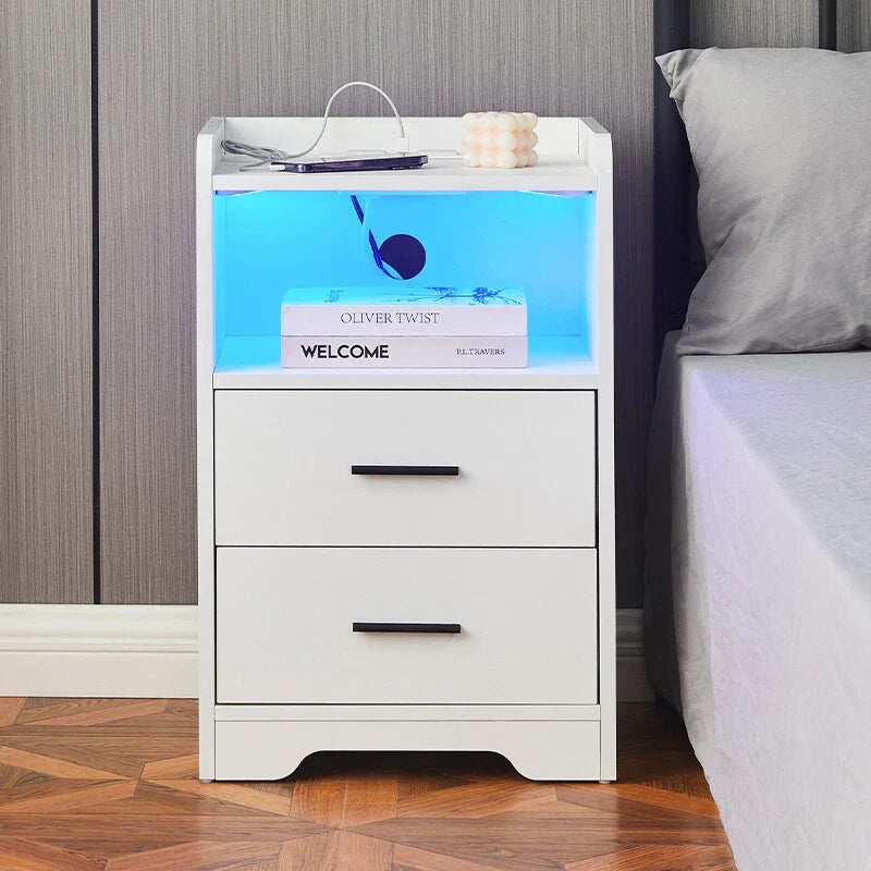 LED Light Bedside Table Nightstand High Gloss 2 Drawers USB Port Power Plug — alternate product view 12