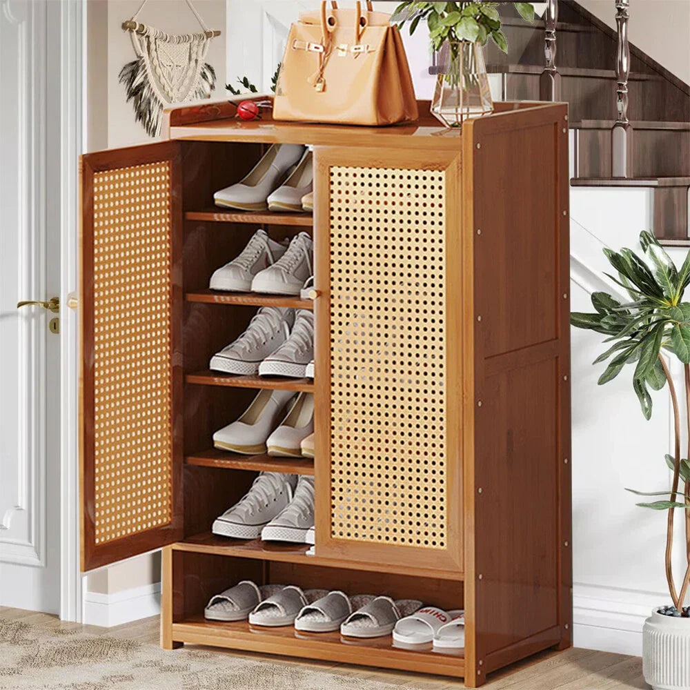 Shoe Cabinet Storage Cupboard Footwear Stand Rack Wooden Double Rattan Doors UK — alternate product view 7