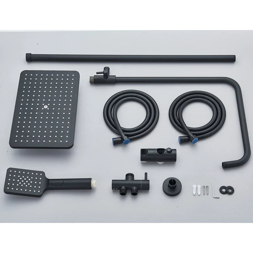 Black Exposed Bathroom Shower Twin Head Large Bar Set Square Valve Rail Hose Tap — alternate product view 7