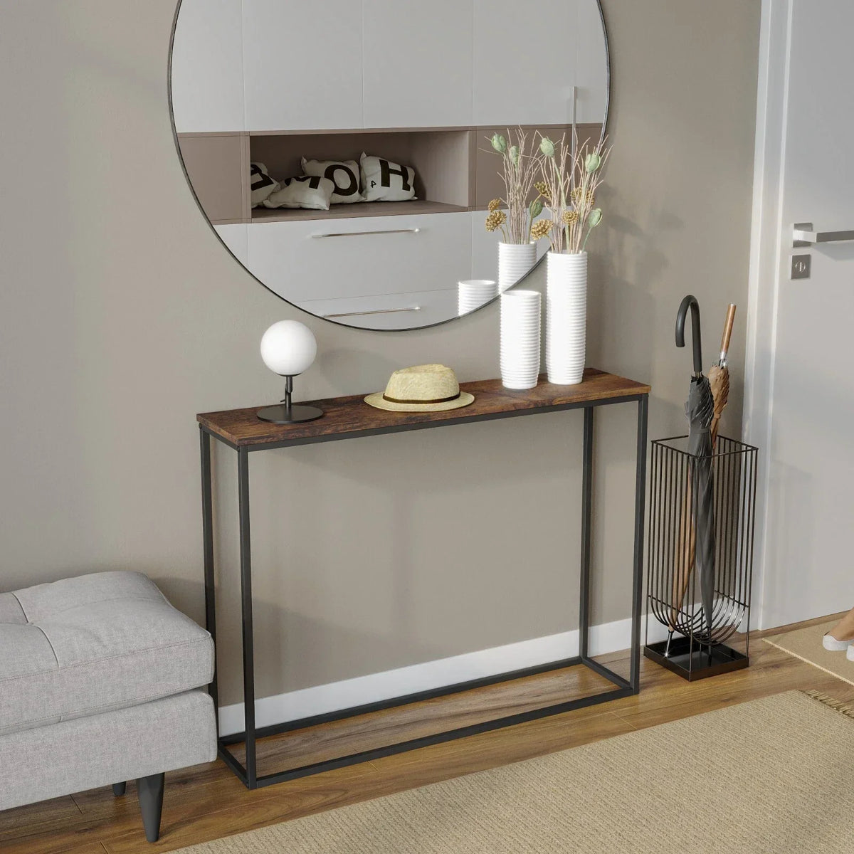 Wooden Free Standing Hallway Console Table Living Room Shelf Display Metal Legs — Rustic Brown — product view