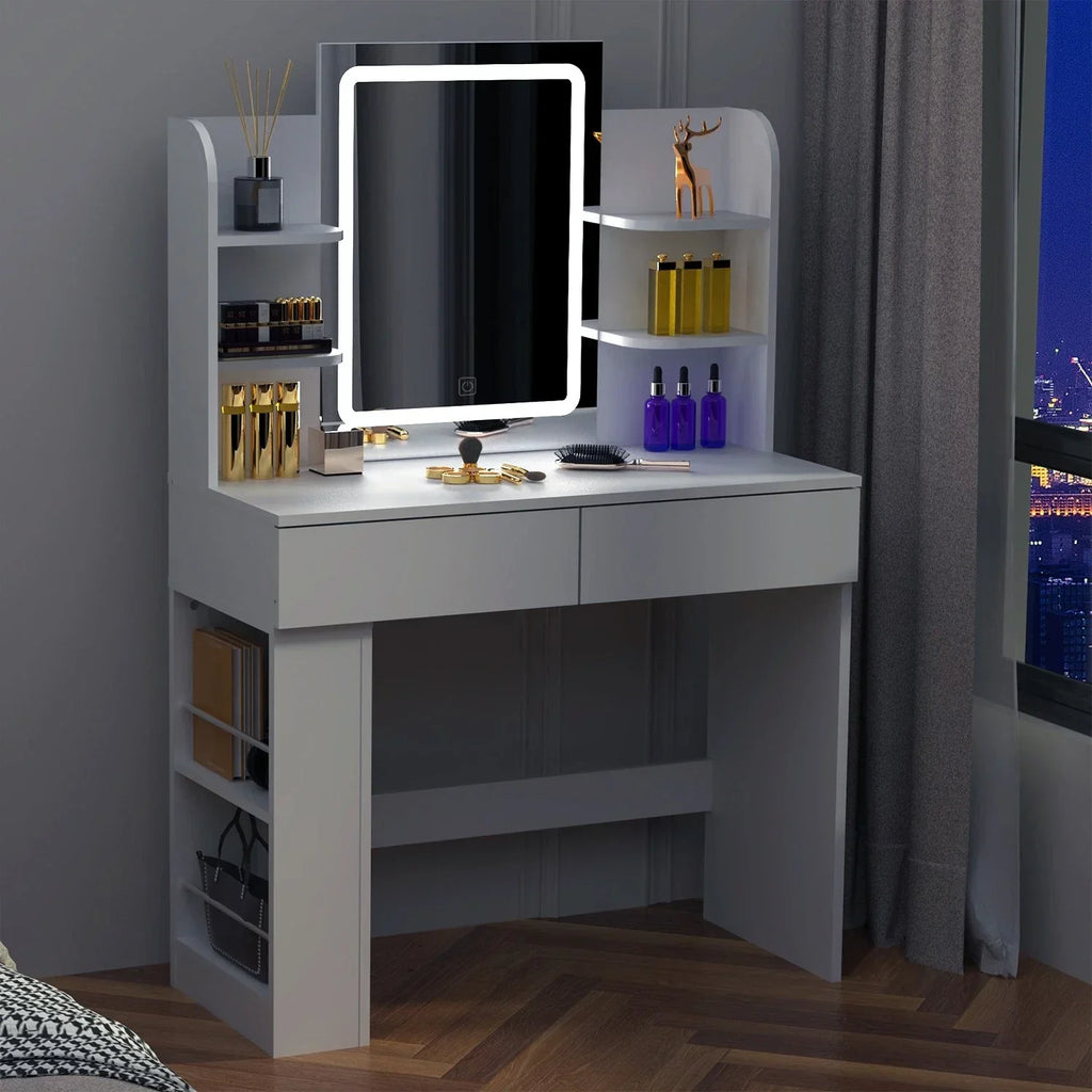 Dressing Table Makeup Desk Vanity Desk With 2 Drawers & LED Mirror & 4 Shelves — alternate product view 4
