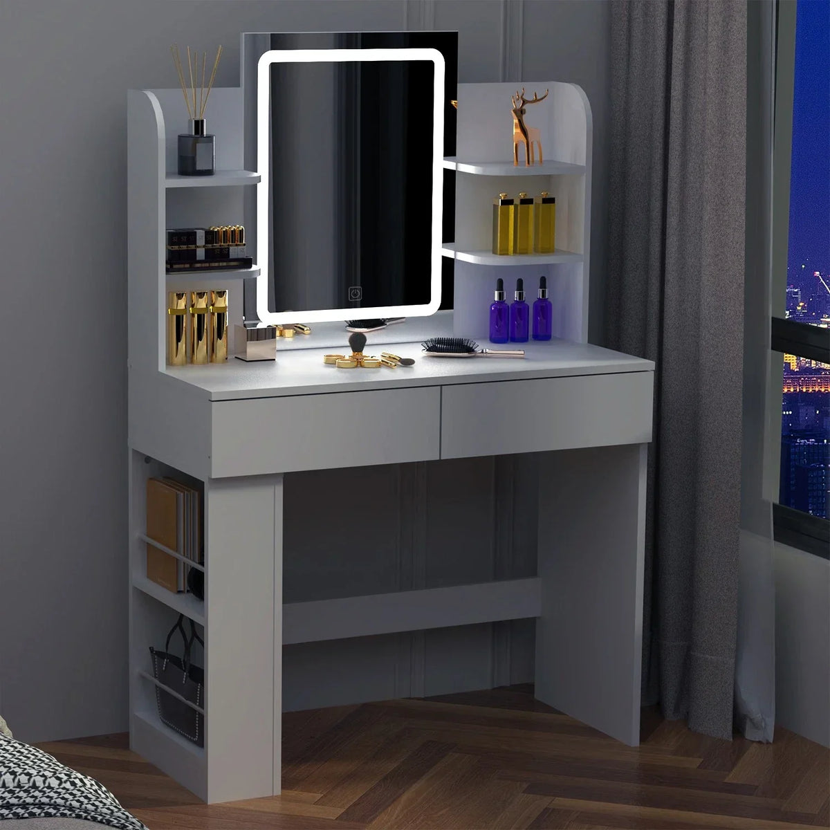 Dressing Table Makeup Desk Vanity Desk With 2 Drawers & LED Mirror & 4 Shelves — alternate product view 4