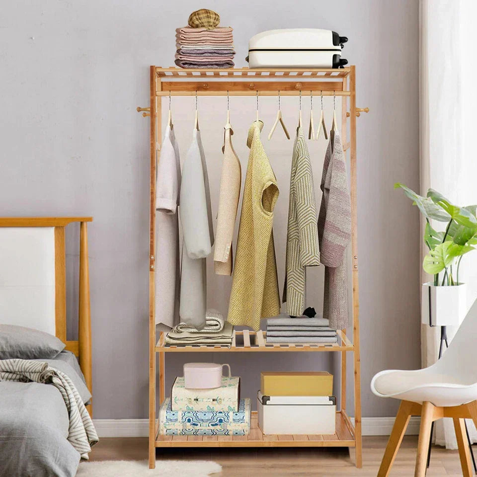 Bamboo Clothes Rail Rack Garment Stand with Top Shelf Shoe Storage Ladder Rails — alternate product view 6