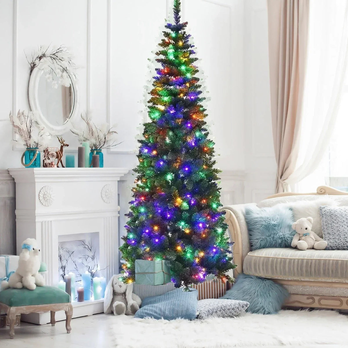4/5/6/7ft Pencil Slim Christmas Tree with Lights Artificial XMAS Home Decoration — alternate product view 4