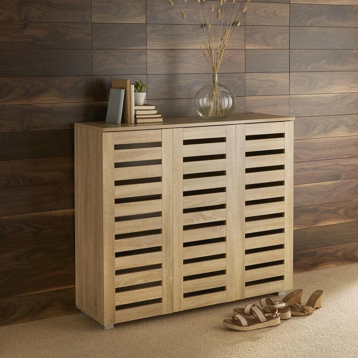 Oslo 3 Door Oak Wooden Shoe Storage Cabinet Rack — main product view