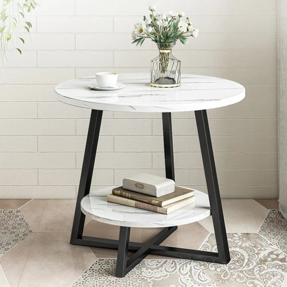 Round 2 Tier Coffee Table Side Table White Marble Effect End Table Living Room — alternate product view 3