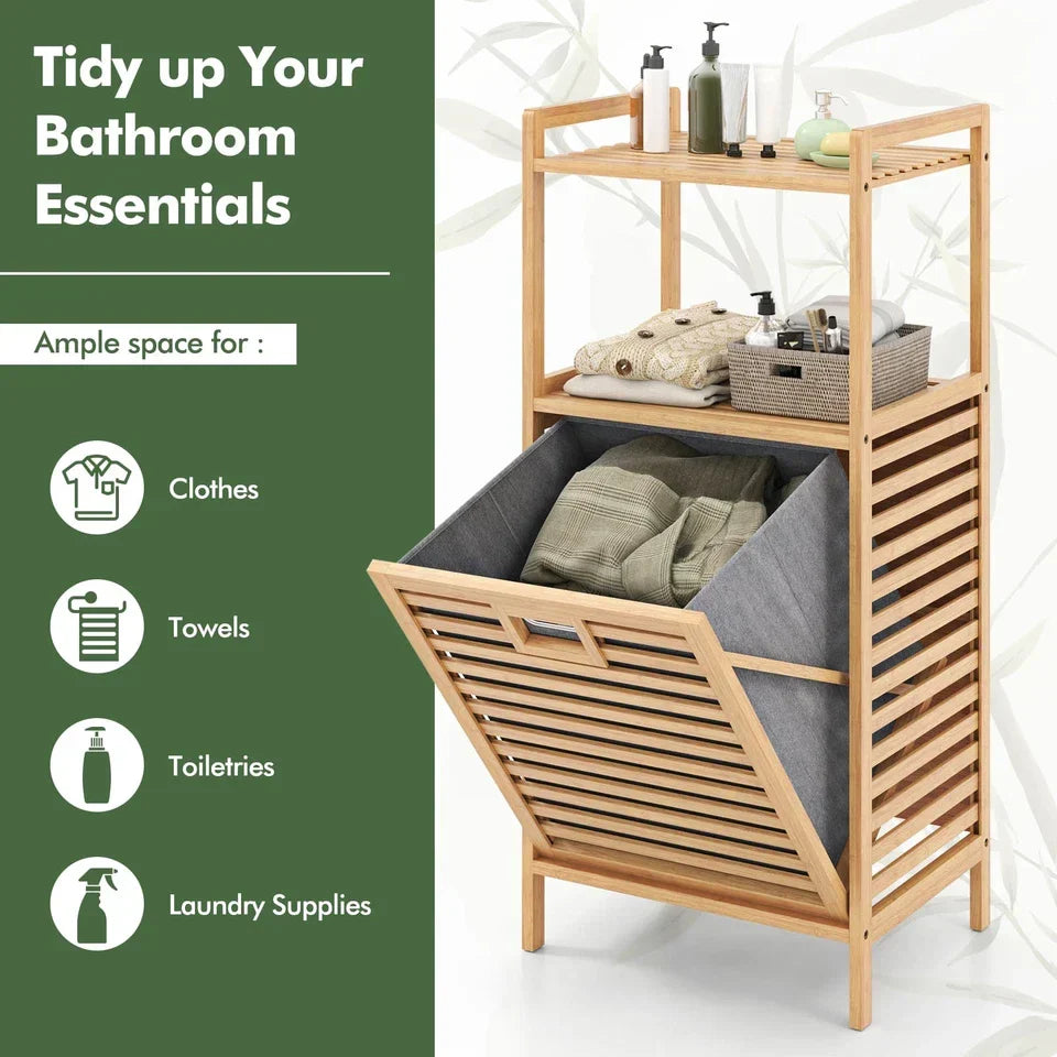 Bamboo Bathroom Shelf Tilt out Laundry Hamper Storage Organiser w/Laundry Basket — alternate product view 8