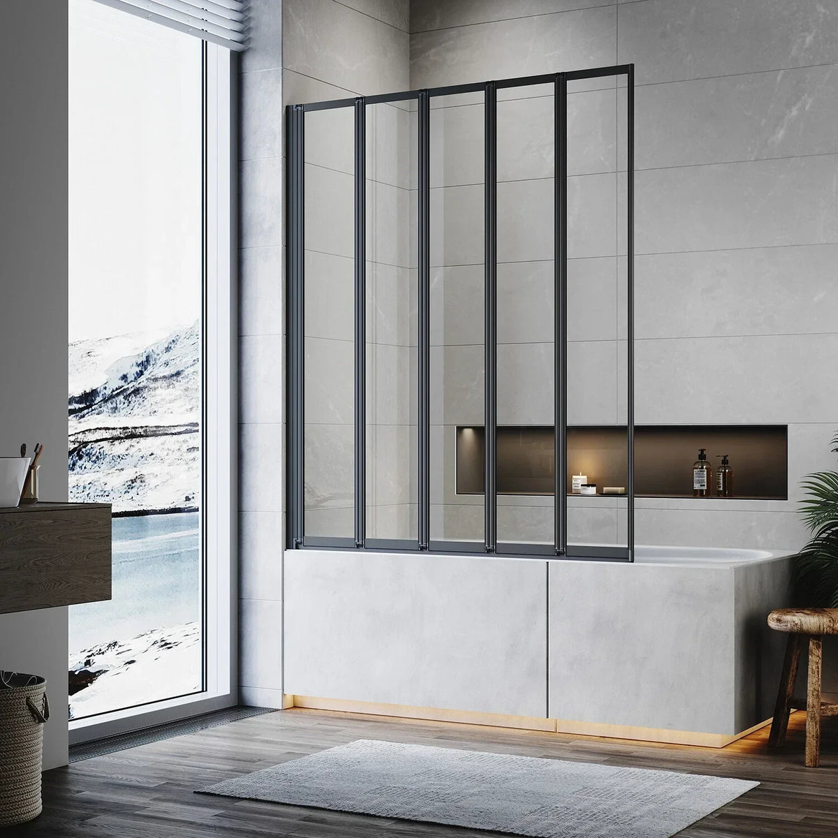5 Folding Bath Shower Screen Black / Chrome Frame Wet Room Glass Panel 1200 x 1400mm — alternate product view 2